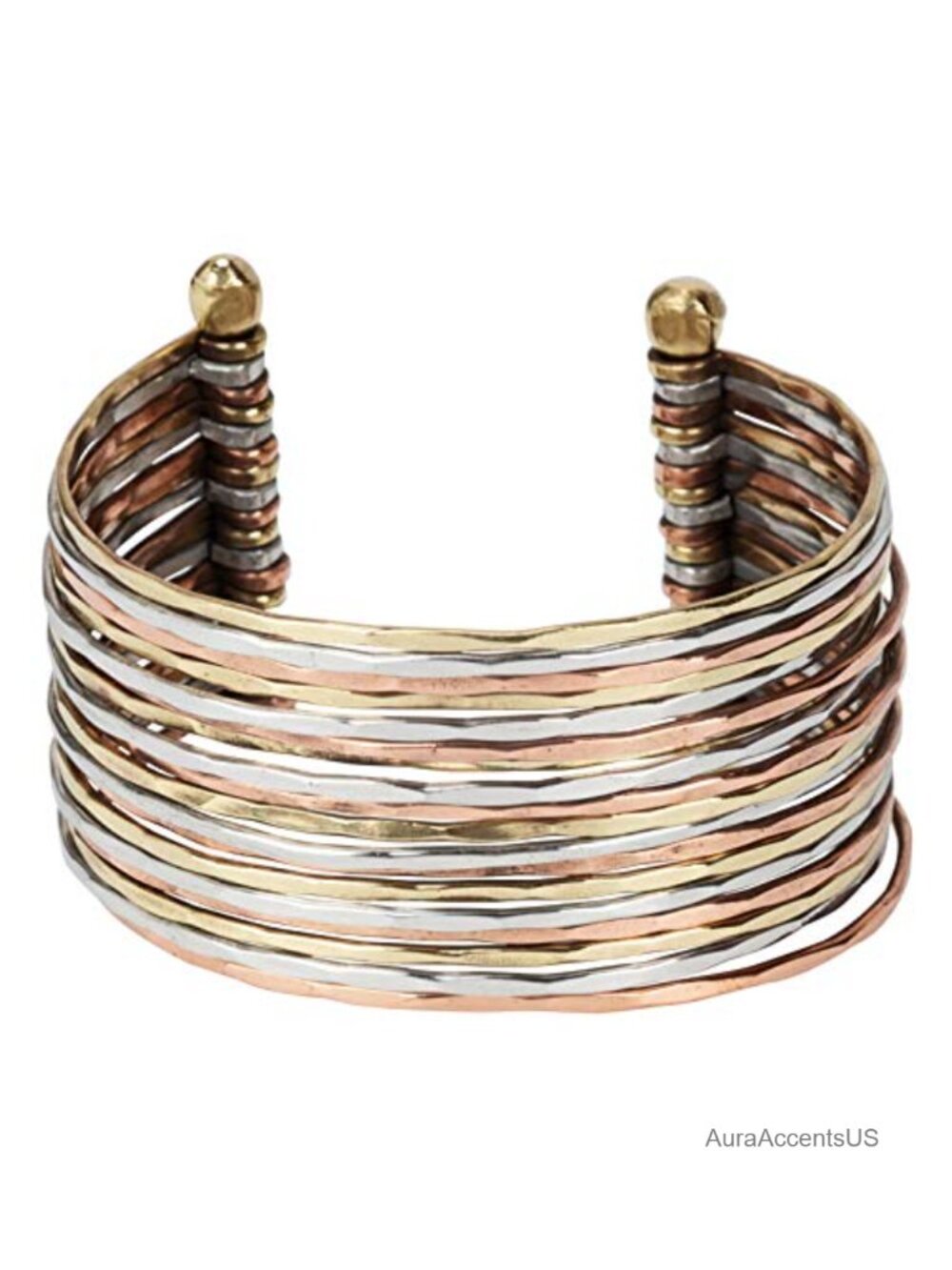 Hammered Multi Metal Cuff Bracelet 18 Line Boho Stacked Style